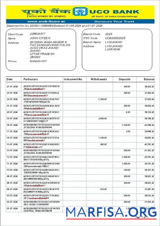 Realistic INDIA UCO bank statement word version 2 download for verification